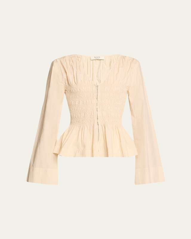Teri Smocked Zip-Front Peplum Top